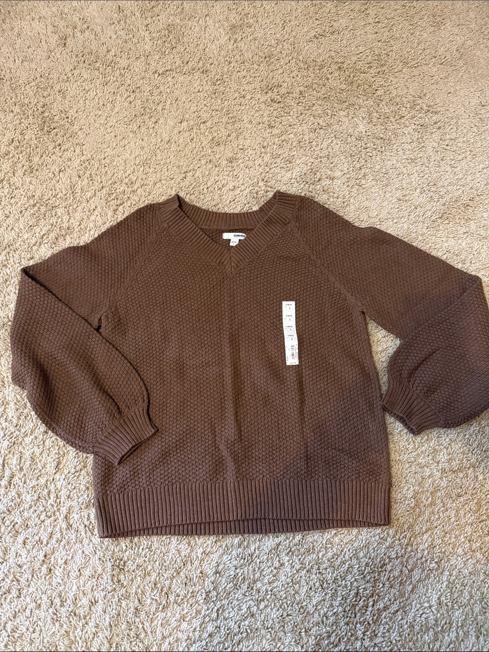 Brand new size large Sonoma Brown Textured V-Neck Sweater with Balloon Sleeves